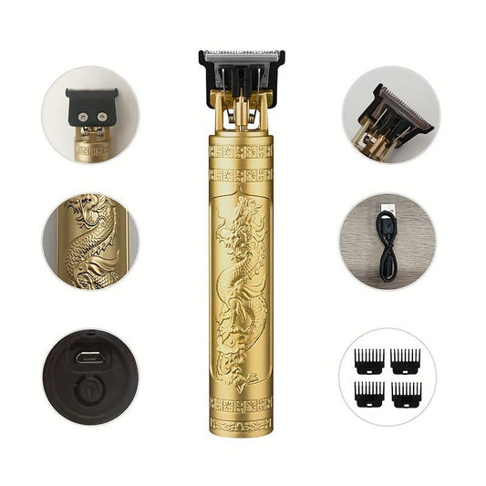 Goldener Haarschneider mit Drachenmuster, USB-Ladekabel, Aufsätze, präzise Bartpflege.