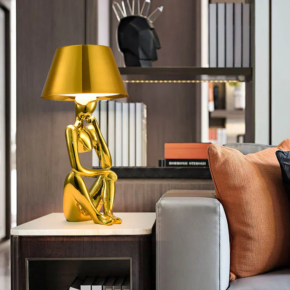 Goldene LED-Tischlampe, skulpturales Design, wiederaufladbar, modern, Wohnzimmer-Dekor.