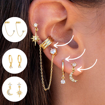 Goldene Ohrringe Set mit Stern- und Mondanhängern, Zirkonia, modisch, Damen-Schmuck.