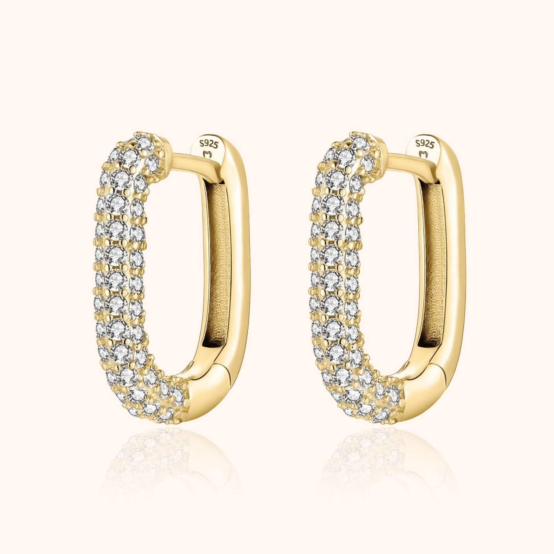 Goldene Creolen mit Zirkonia, rechteckig, 925er Silber, eleganter Schmuck für Damen.