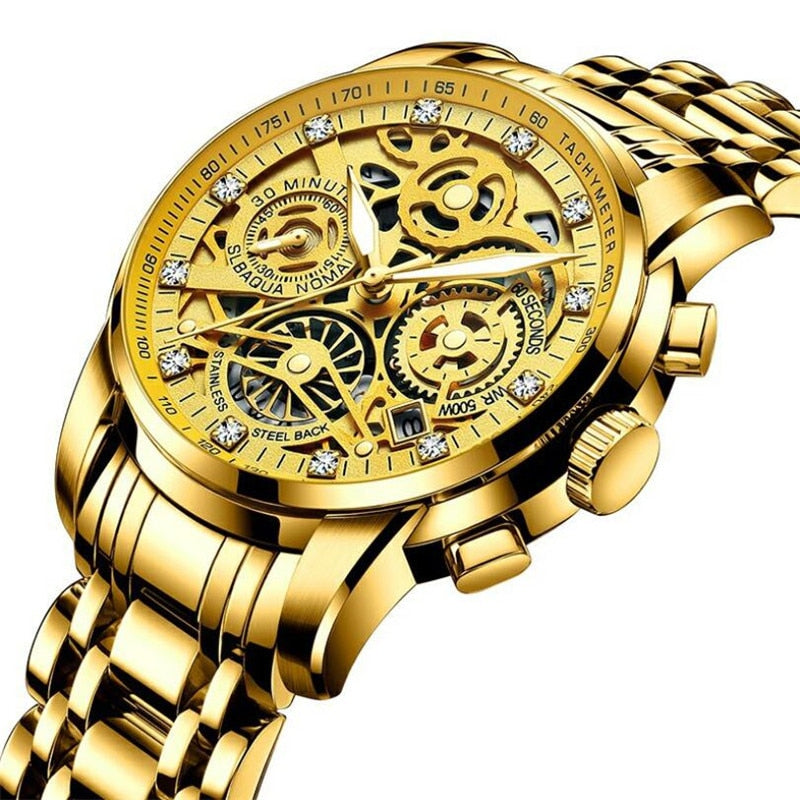 Luxus Herrenarmbanduhr, goldfarben, skelettiertes Zifferblatt, Edelstahl, Chronograph.