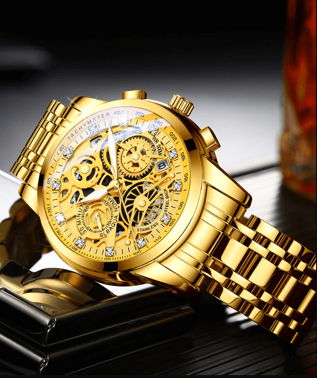 Luxuriöse goldene Armbanduhr mit Skelettzifferblatt und Edelstahlarmband, Herrenuhr.
