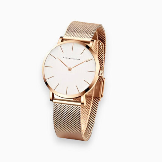 Roségoldene Armbanduhr mit Mesh-Armband, minimalistisches Design, elegantes Accessoire.