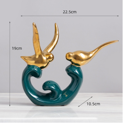Goldene Vogel-Skulptur auf grüner Welle, Keramik, 22,5 cm, moderne Deko, Wohnzimmer.