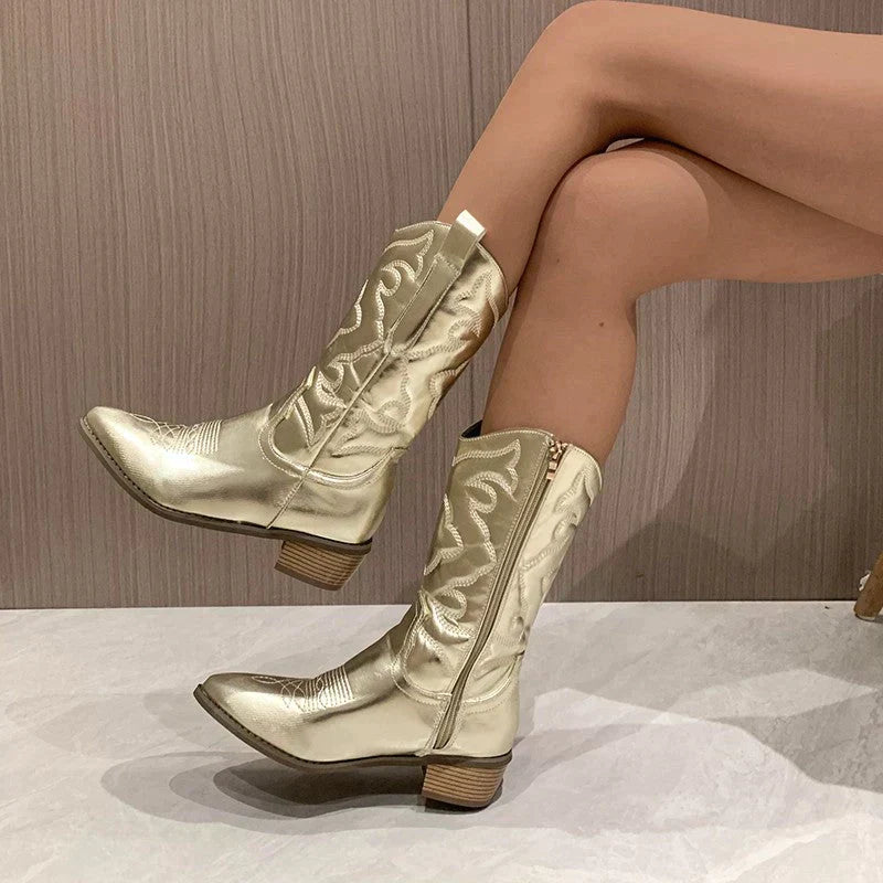 Goldene Cowboystiefel Damen, Leder, gesticktes Muster, modisch, Westernstil.