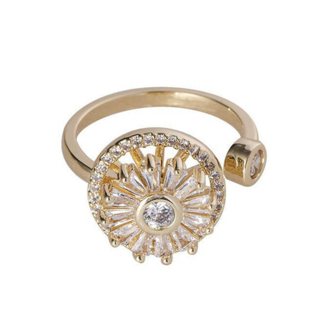 Goldener Ring mit funkelndem Zirkonia-Stein, verstellbar, elegantes Schmuckdesign.