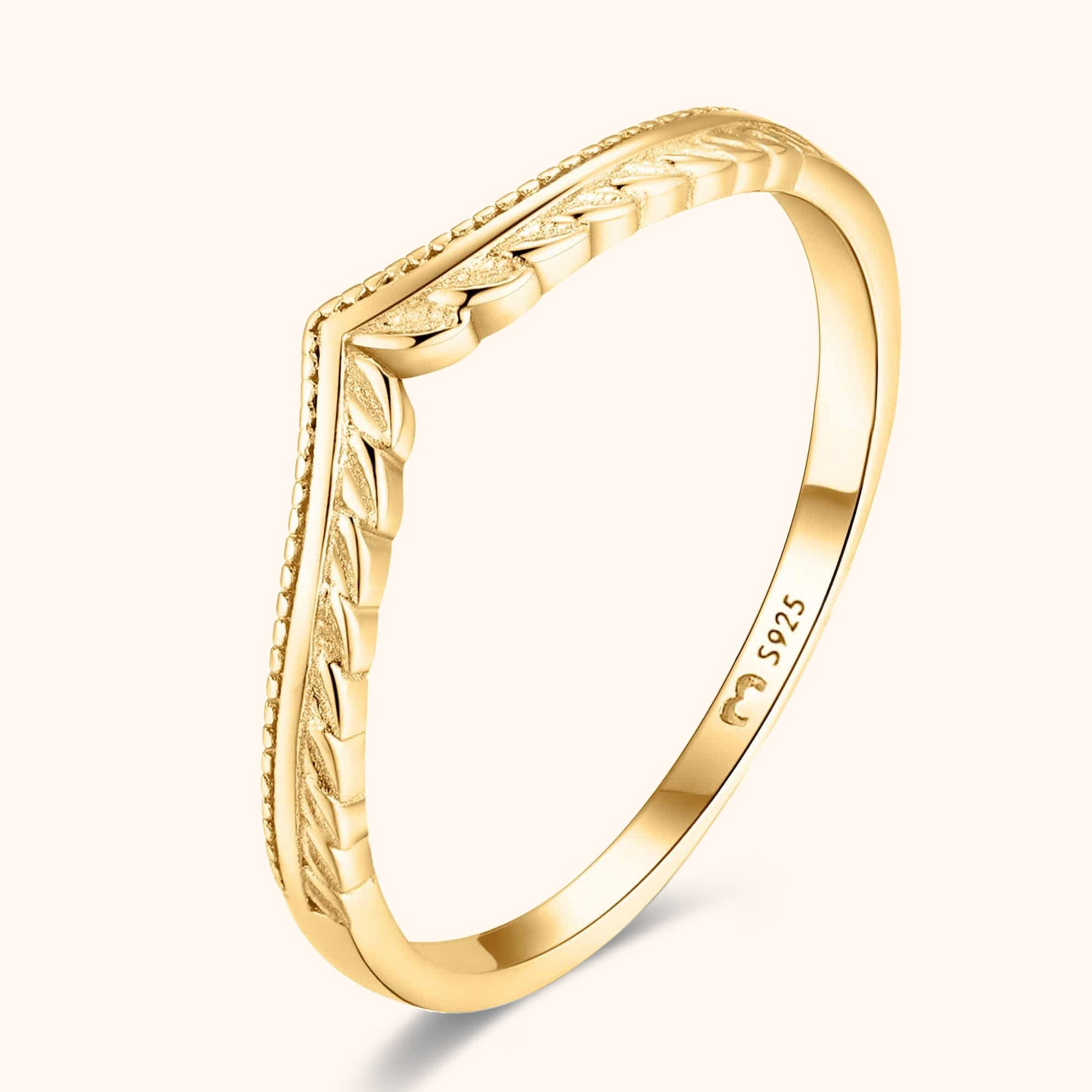 Goldener Damenring mit Blattmuster, 925er Silber, elegantes Design, Schmuck für Frauen.