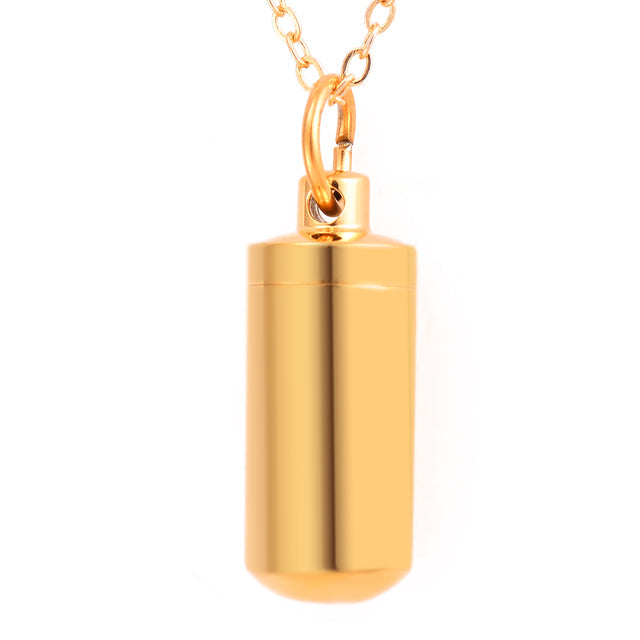 Goldener Edelstahl-Zylinder-Anhänger für Asche, Gedenkschmuck, Halskette.