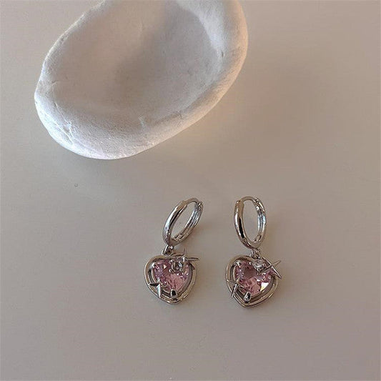 Silberne Ohrringe mit rosa Herzanhänger, Harajuku-Stil, modisch, für Frauen.
