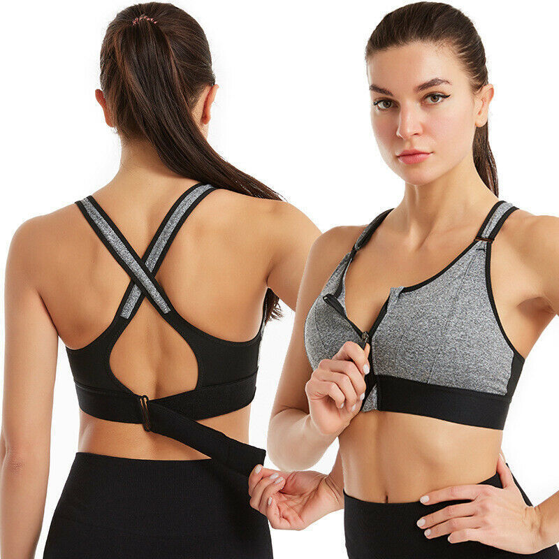 Frau in grauem Sport-BH mit Reißverschluss, Rückansicht und Vorderansicht, Fitnessmode.