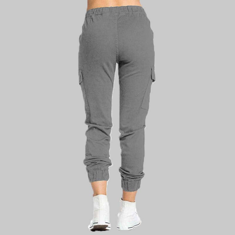 Graue Damen-Cargohose, elastischer Bund, Seitentaschen, sportlich, bequem, Freizeitmode.