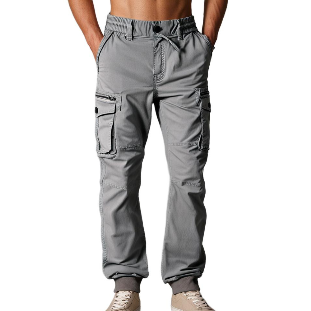 Graue Cargo-Hose für Herren, elastischer Bund, Taschen, Freizeitmode, Baumwolle.
