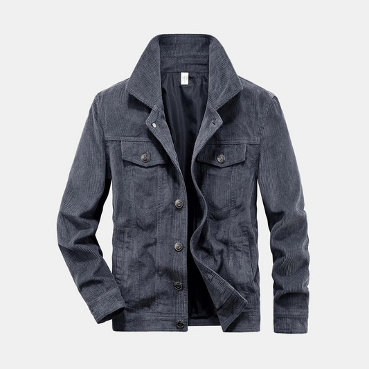 Graue Cordjacke für Herren, Knopfleiste, zwei Brusttaschen, modisch, lässig.