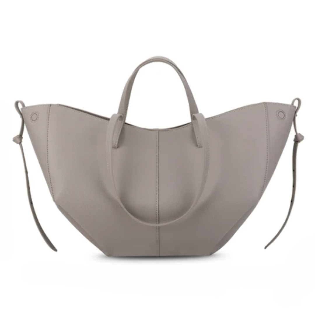 Graue Damenhandtasche aus Leder, modisch, elegant, mit Henkeln, vielseitig einsetzbar.
