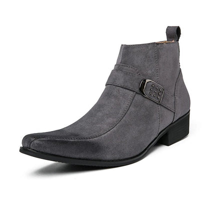 Graue Herrenstiefeletten, Wildleder, Retro-Design, Schnalle, Herbstmode, Motorradstiefel.