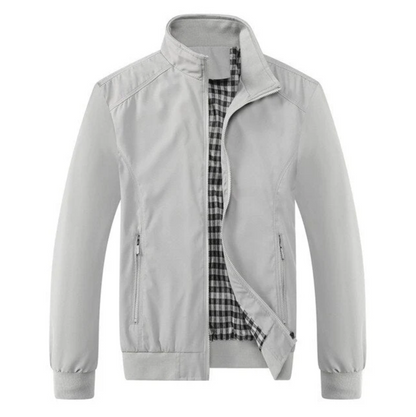 Graue Herrenjacke mit Stehkragen, Reißverschluss und kariertem Innenfutter, modisch und elegant.