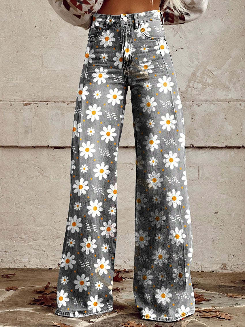 Graue Damen-Jeans mit Gänseblümchenmuster, weites Bein, modisch, lässig, Baumwolle.