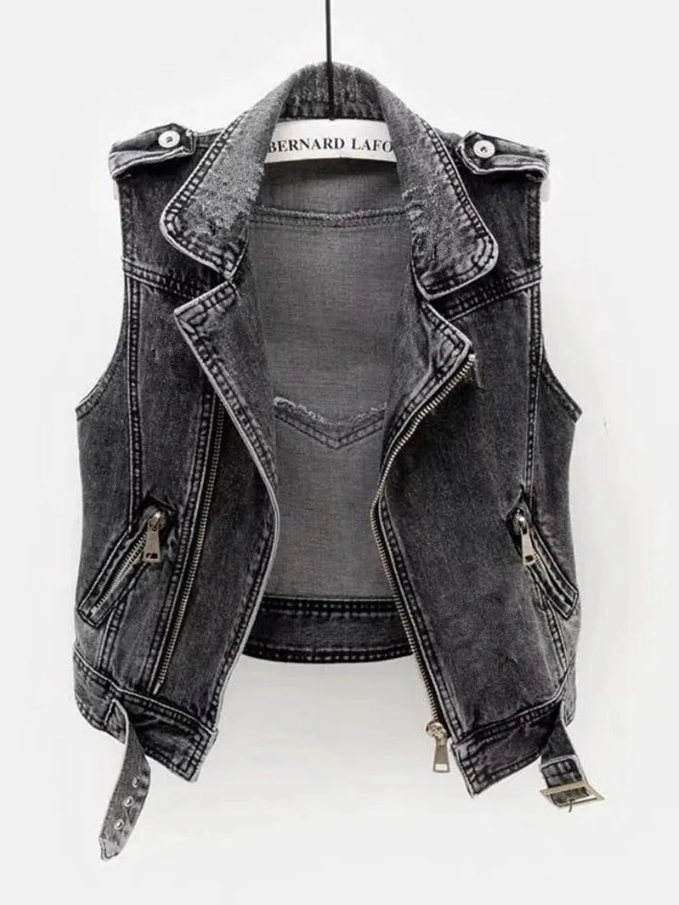Graue Damen-Jeansweste, ärmellos, mit Reißverschlüssen, Frühlingsmode, Cowboy-Stil.
