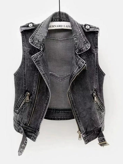 Graue Damen-Jeansweste, ärmellos, mit Reißverschlüssen, Frühlingsmode, Cowboy-Stil.
