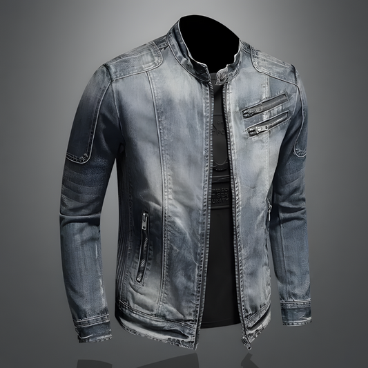 Graue Herren-Jeansjacke, Reißverschlüsse, lässiger Stil, modische Oberbekleidung, Denim-Look