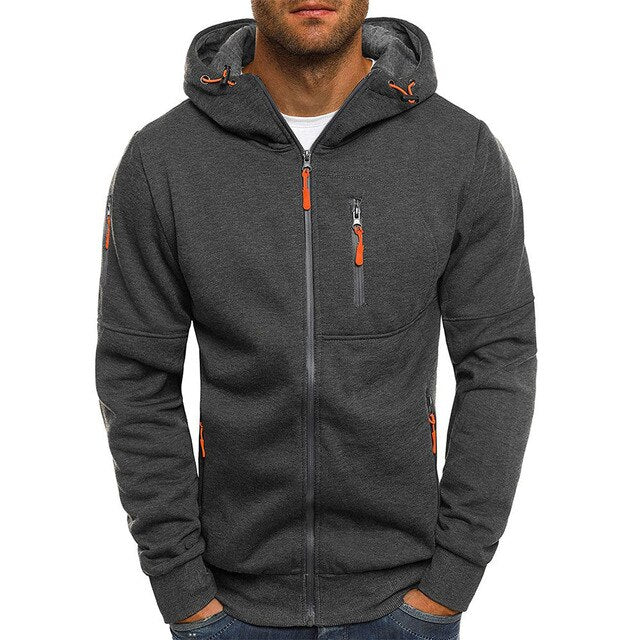 Graue Herren-Kapuzenjacke mit Reißverschluss, sportlich, Streetwear, Baumwolle, modisch.