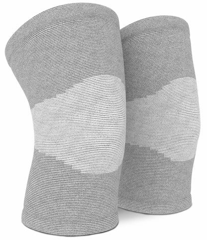 Graue Kniebandagen aus elastischem Material für Sport und Unterstützung.