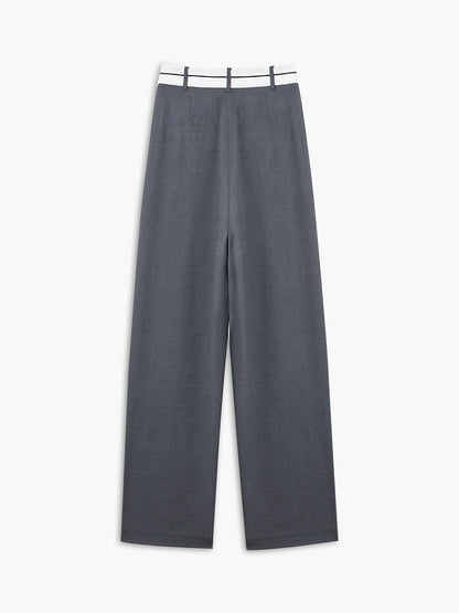 Graue Damenhose aus Leinen, weites Bein, weißer Bund, eleganter Look, Sommermode.