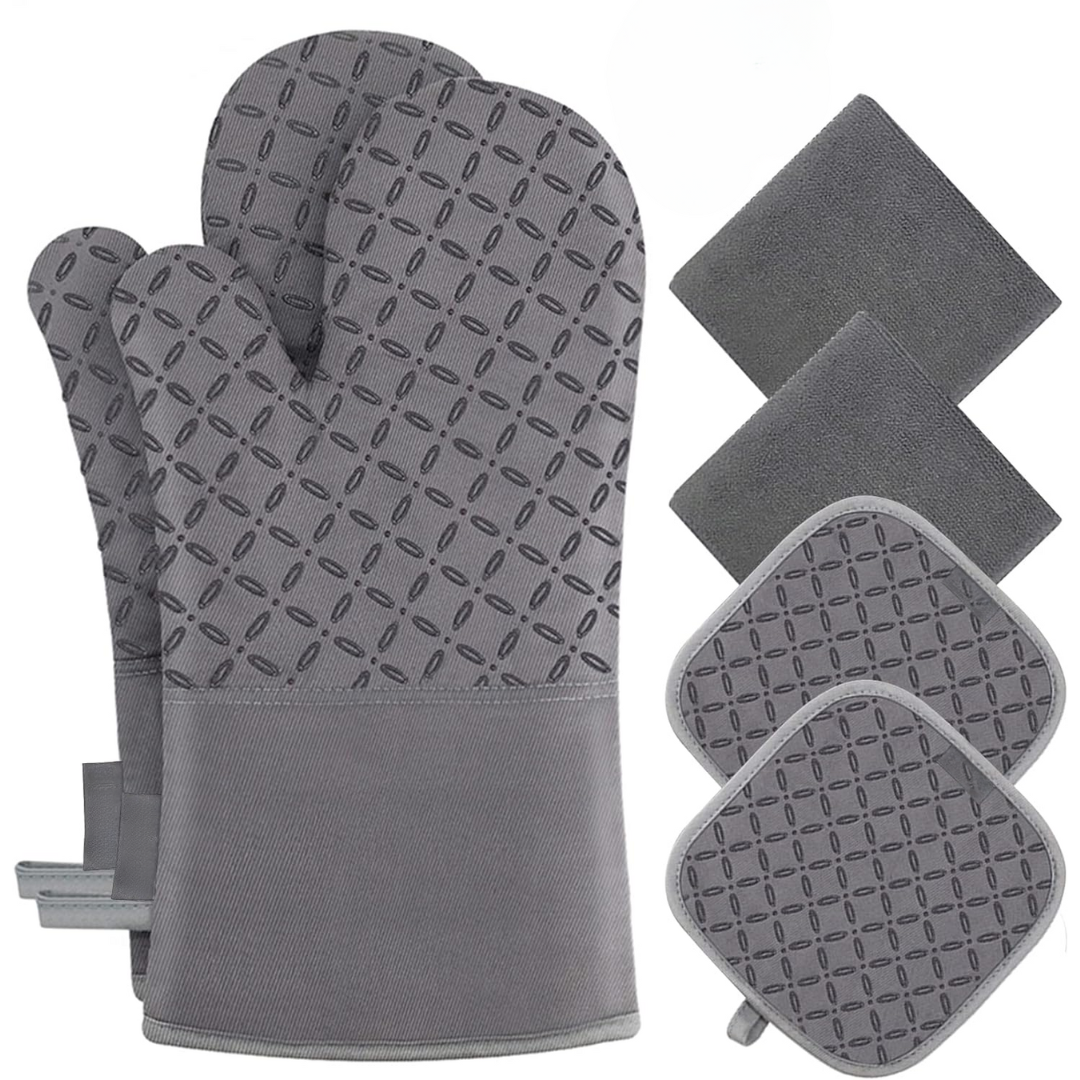 Graue Ofenhandschuhe und Topflappen-Set, hitzebeständig, rutschfest, Küche Zubehör.