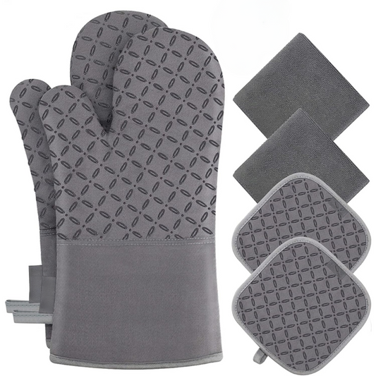 Graue Ofenhandschuhe und Topflappen-Set, hitzebeständig, rutschfest, Küche Zubehör.