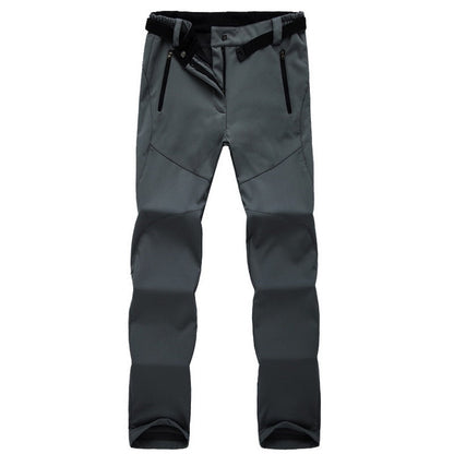 Graue Outdoor-Hose, wasserdicht, mit Reißverschlusstaschen, ideal für Wandern und Trekking.