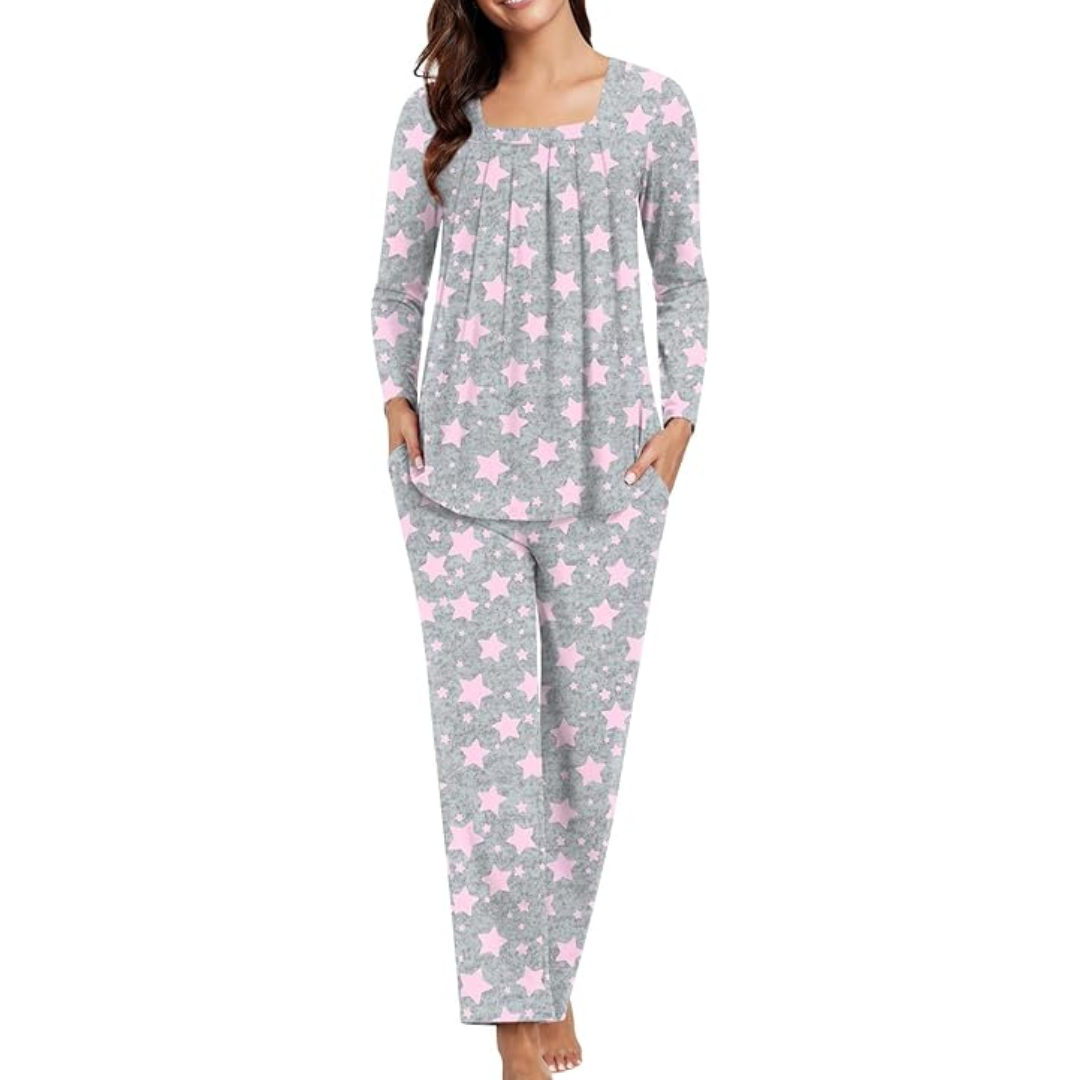 Damen-Pyjama-Set, grau mit rosa Sternen, langärmelig, bequem, Nachtwäsche aus Baumwolle.