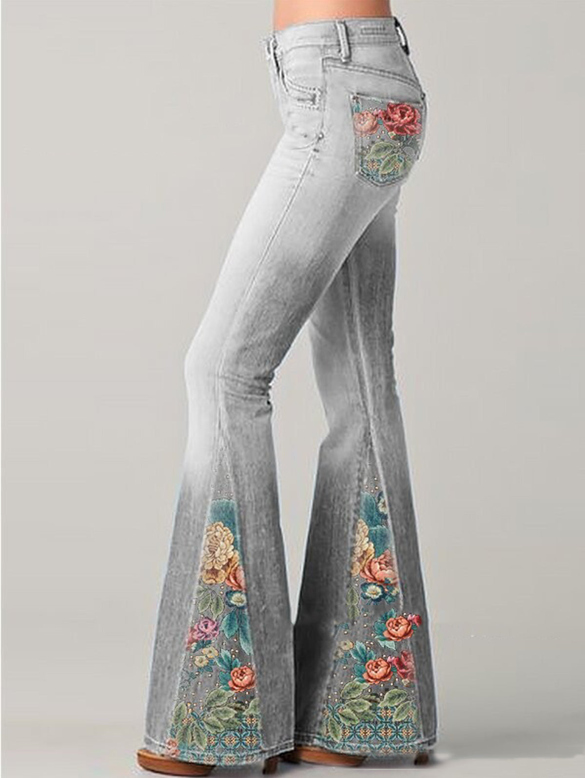 Graue Schlaghose Damen mit floralen Stickereien, Vintage-Design, modische Damenjeans.