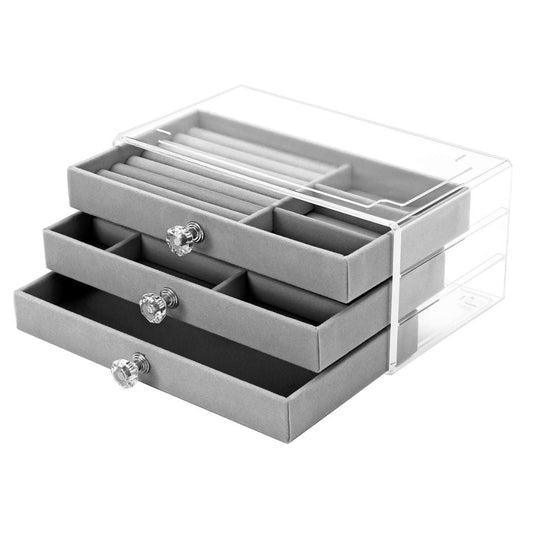 Grauer Schmuck-Organizer mit drei Schubladen, transparentem Acryl, ideal zur Schmuckaufbewahrung.