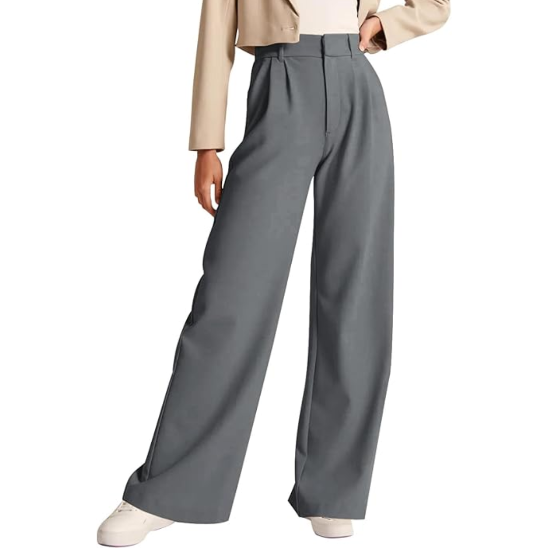 Graue Damenhose, weites Bein, elegant, aus Baumwolle, modisch, ideal für Büro oder Freizeit.
