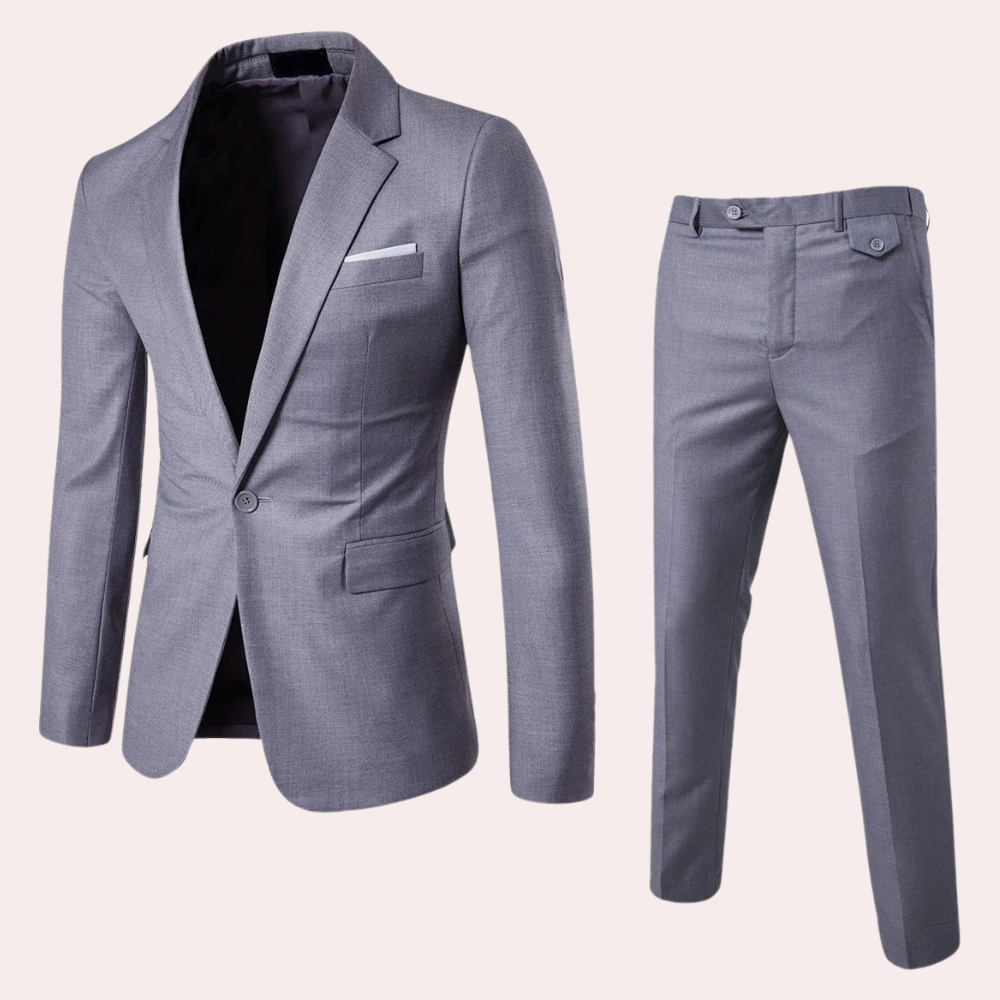 Grauer Herrenanzug, zweiteilig, Slim Fit, aus Baumwolle, ideal für Business und formelle Anlässe.