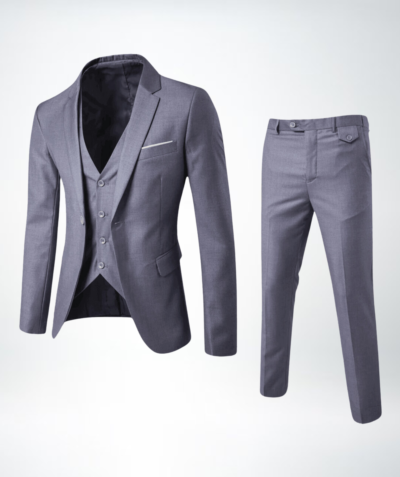 Grauer Herrenanzug dreiteilig, Sakko, Weste, Hose, formell, elegant, Businessmode.