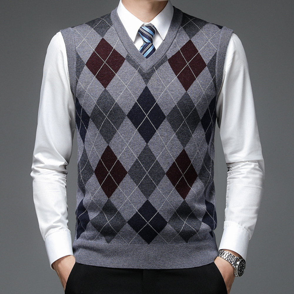 Männer-Pullover Weste, grau, Argyle-Muster, V-Ausschnitt, Business-Look, Baumwolle, elegant.