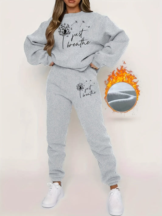 Grauer Damen-Jogginganzug mit "Just Breathe"-Aufdruck, bequem, modisch, Baumwolle.