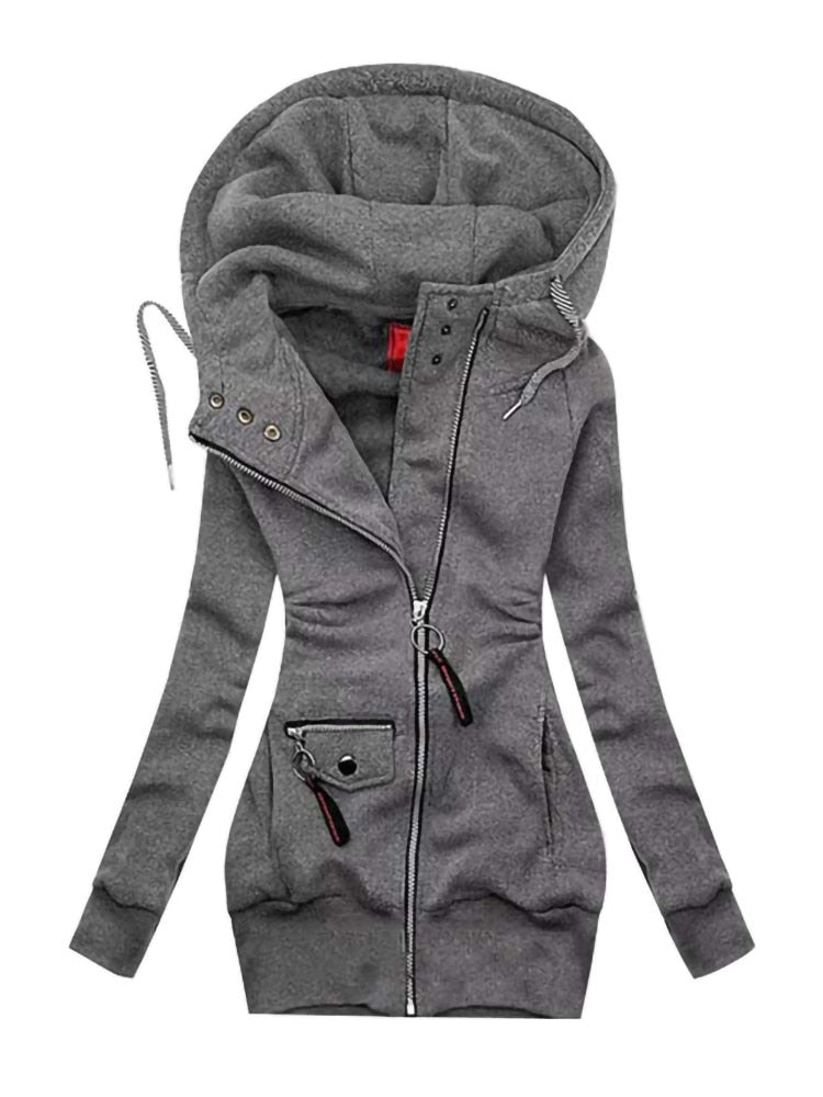 Grauer Damen-Kapuzenpullover mit Reißverschluss, Taschen und Kordelzug, modisch und bequem.