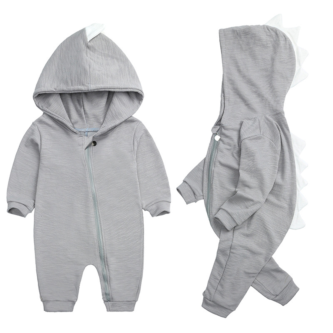 Grauer Baby-Dinosaurier-Overall mit Kapuze und Reißverschluss, weiches Material.