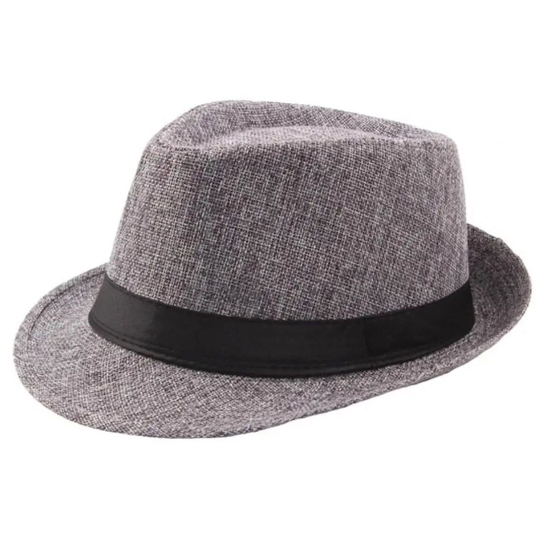 Grauer Fedora-Hut aus Filz mit schwarzem Band, stilvoller Herrenmode-Accessoire.
