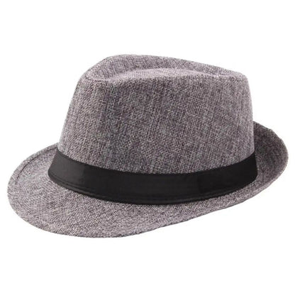 Grauer Fedora-Hut aus Filz mit schwarzem Band, stilvoller Herrenmode-Accessoire.
