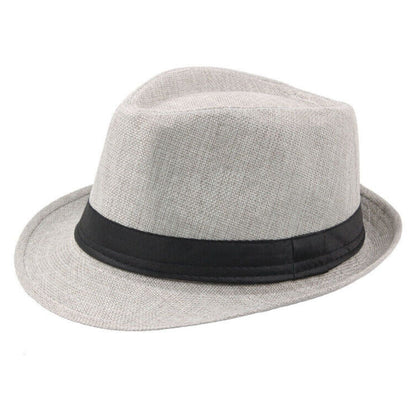 Grauer Fedora-Hut aus Leinen mit schwarzem Band, stilvoller Herrenmode-Accessoire.