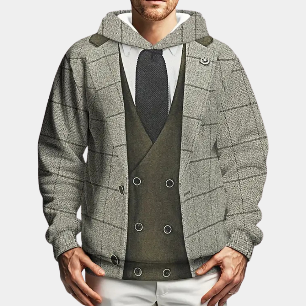 Herren Hoodie mit Anzug-Design, grau kariert, Krawatte, modisch, lässig, Baumwolle.