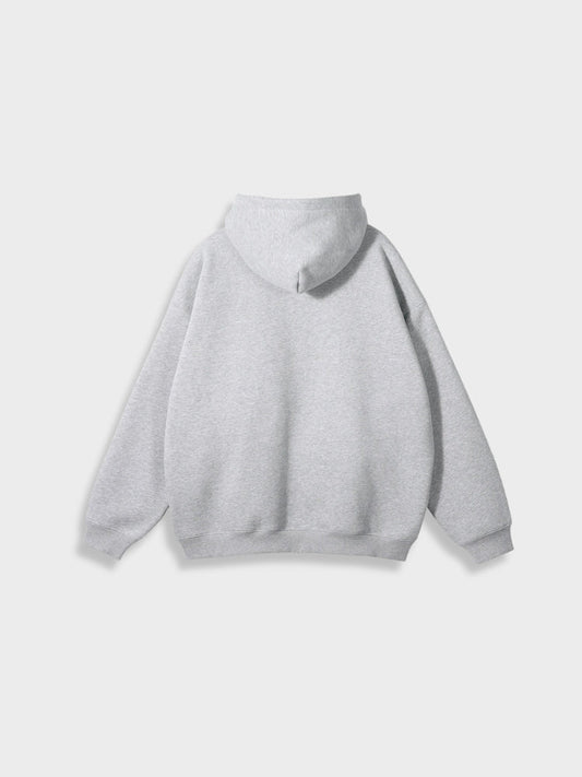 Grauer Kapuzenpullover aus Baumwolle, Rückansicht, lässiger Stil, Unisex-Mode.