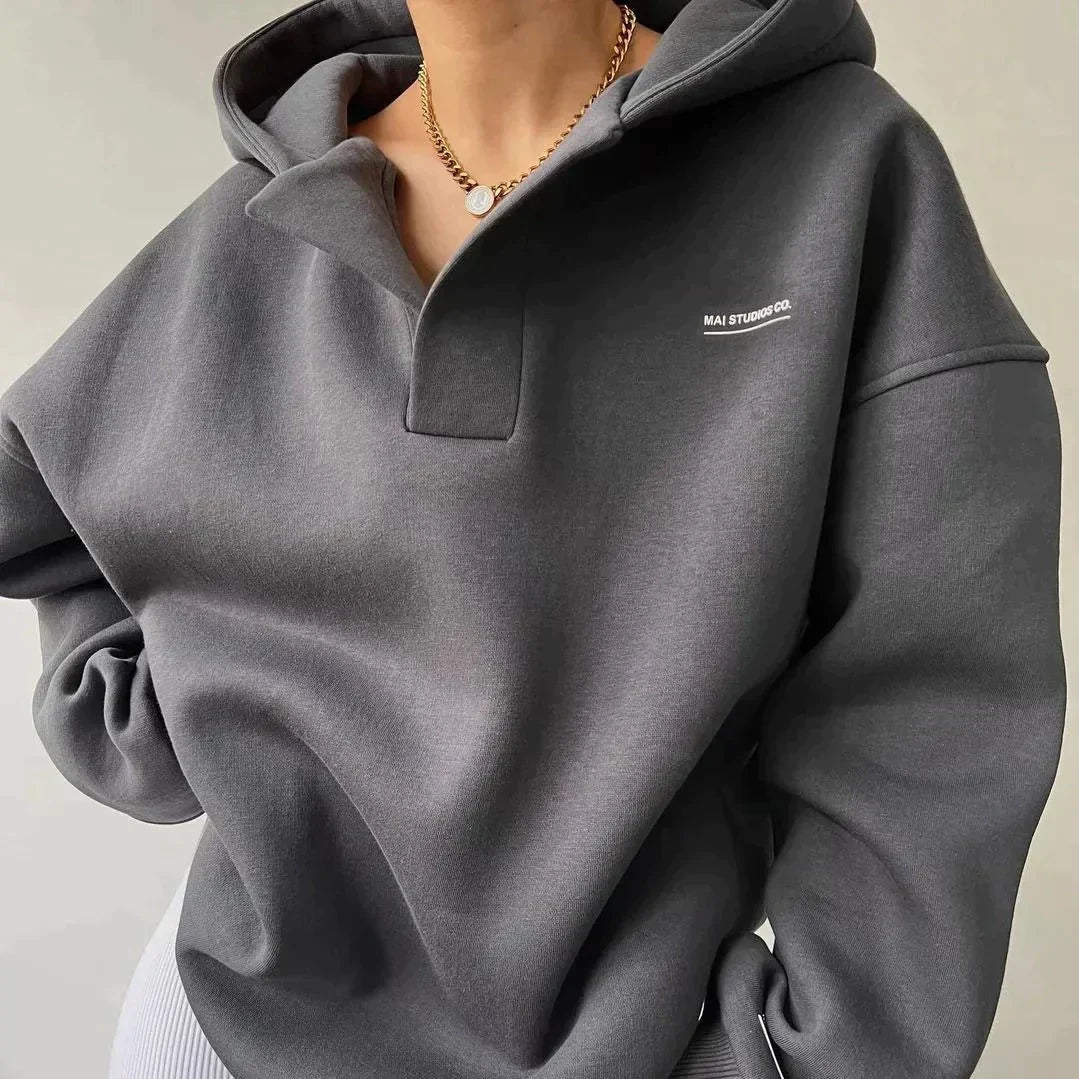 Dunkelgrauer Kapuzenpullover, Damenmode, lässig, Baumwolle, Herbstkleidung, Kordelzug.