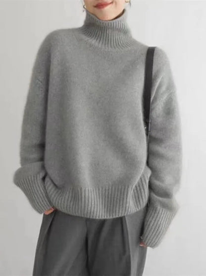 Grauer Damen-Kaschmirpullover, Rollkragen, Herbst Winter 2023, locker, warm, elegant.