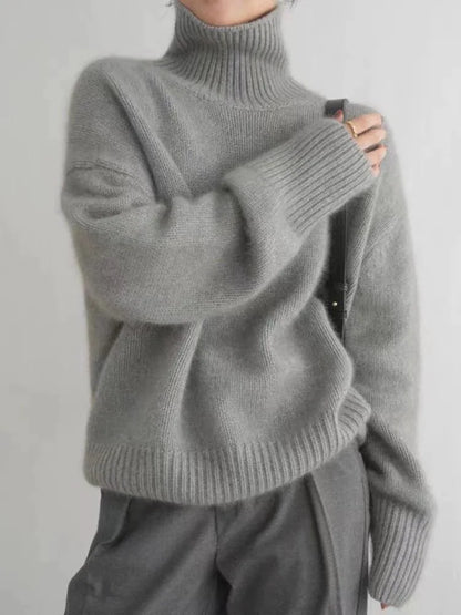 Grauer Damen-Kaschmirpullover, Rollkragen, Herbst Winter 2023, weiches Strickmaterial.