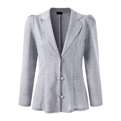 Grauer Damenblazer mit Reverskragen, Langarm, Knopfleiste, eleganter Business-Look.