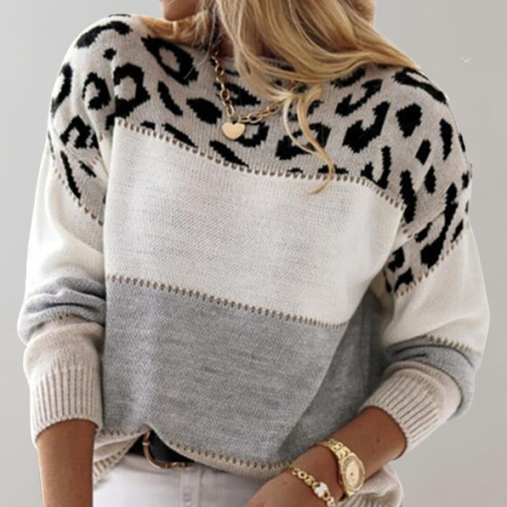 Damenpullover grau, Leopardenmuster, Strick, modisch, langärmelig, Herbstmode.
